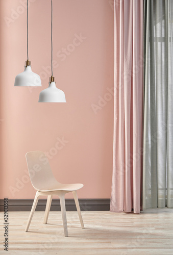 Lamp and wall concept with curtain and window view.