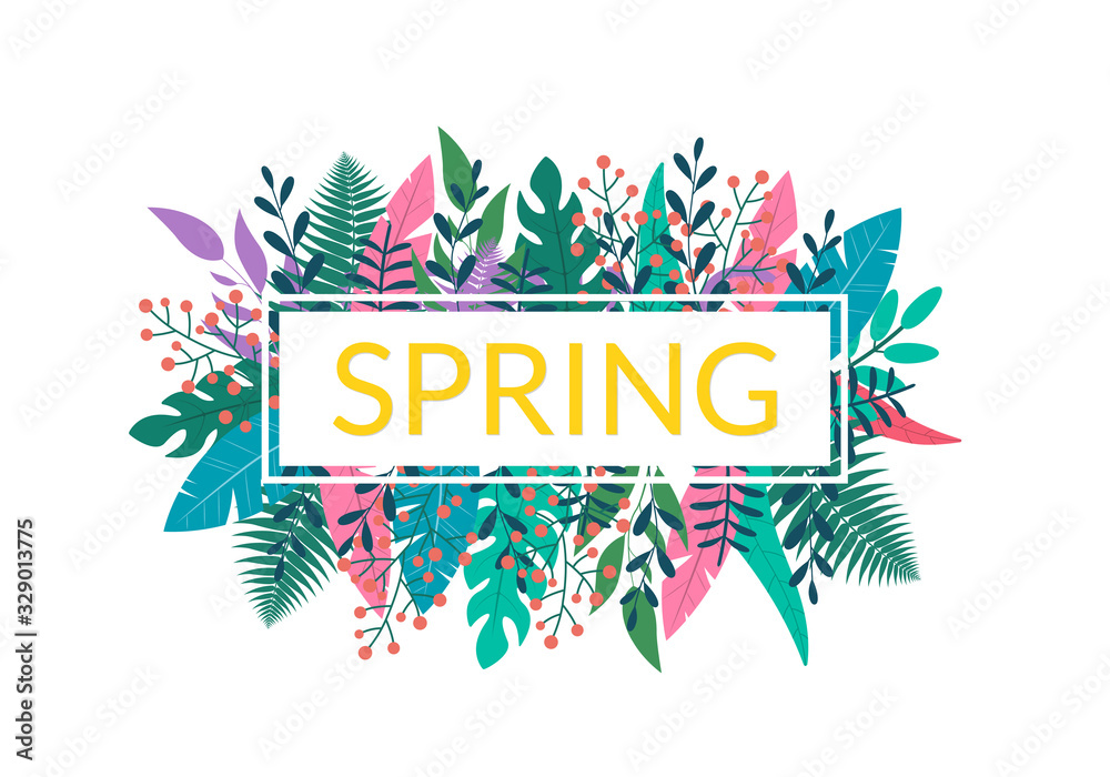 Fototapeta Spring floral banner or logo with leaves and green plants. Leaf and tree branches background for spring season, poster or flyer. Vector illustration.