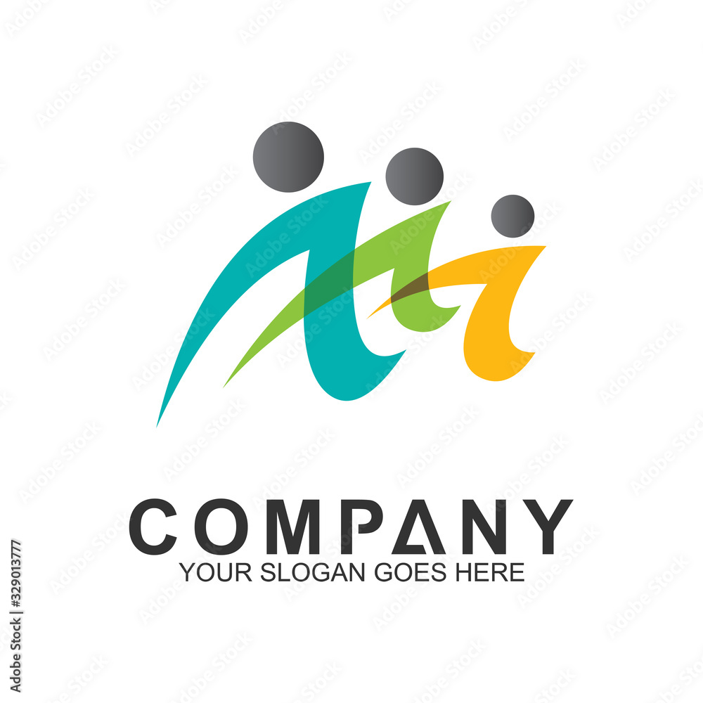 Fototapeta premium Happy family logo and care. Healthy family icon. Vector parents with children. Adoption and charity logo.