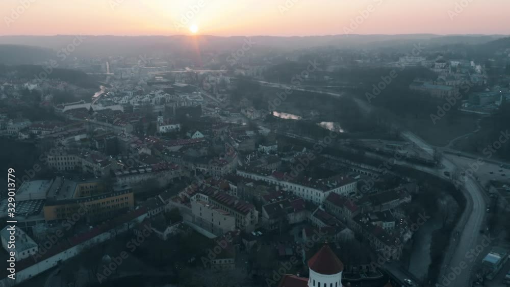 Old town of Vilnius, Lithuania ir early morning, aerial view.  It is one of the largest surviving medieval old towns in Northern Europe