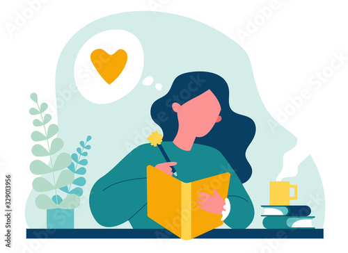 Teenage girl writing diary or journal. Happy young woman reading book and taking notes with pencil. Vector illustration for journal, author, student, teenager in love concept photo