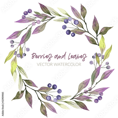 Watercolor greenery wreath, purple and green tints, berries