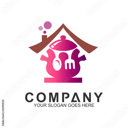 house with pan,spoon and fork logo, food and cooking vector, restaurant logo, home kitchen
