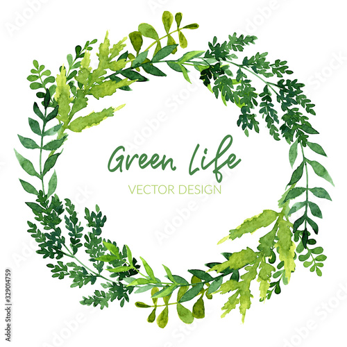 Fresh greenery wreath, watercolor branches and leaves