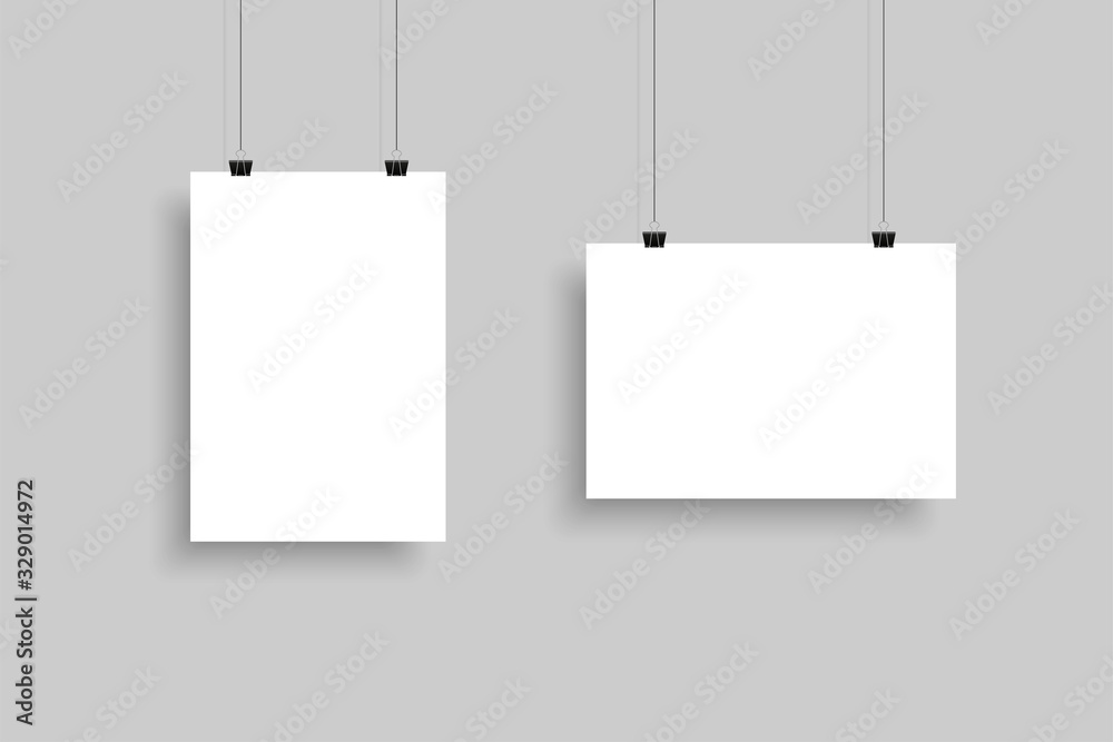 White Paper sheet horizontally and vertically. Template Mockup Paper sheet with shadow, isolated on gray background. Realistic blank a4 format paper. Vector illustration