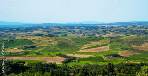 Traditional countryside and landscapes of beautiful Tuscany. Fields and vineyards. Holiday, traveling concept. Agro tour of Europe. Beautiful world.