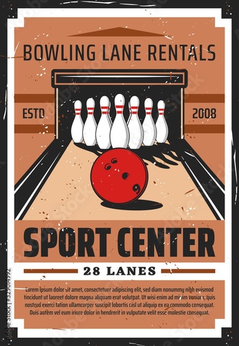 Bowling alley with skittles and ball sport retro poster. Leisure game recreation club, vector vintage card, bowling center lane rentals service, professional sports team tournament