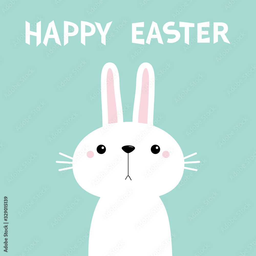 Happy Easter. White bunny rabbit. Cute cartoon kawaii funny baby character. Farm animal. Blue background. Spring greeting card. Isolated. Flat design Happy Easter. White bunny rabbit. Cute cartoon kawaii funny baby character. Farm animal. Blue background. Spring greeting card. Isolated. Flat design
