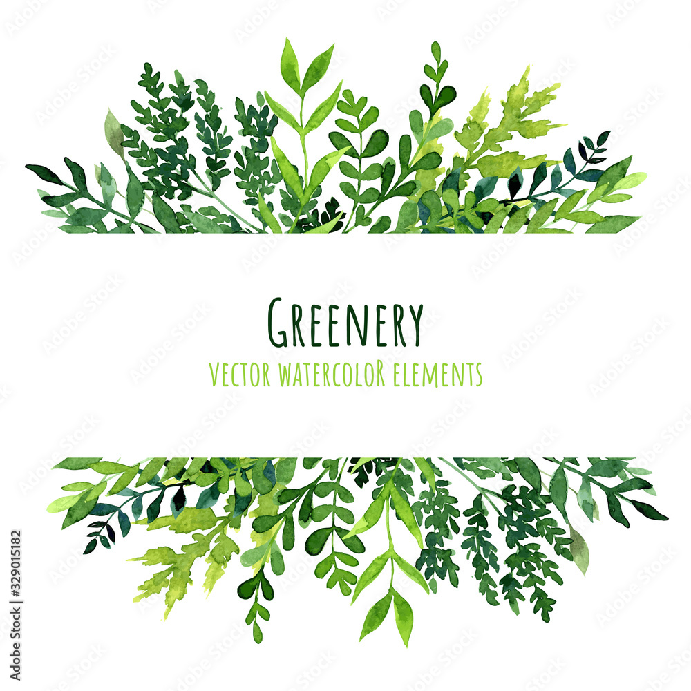 Watercolor greenery banner, card template, hand drawn vector - obrazy, fototapety, plakaty 
