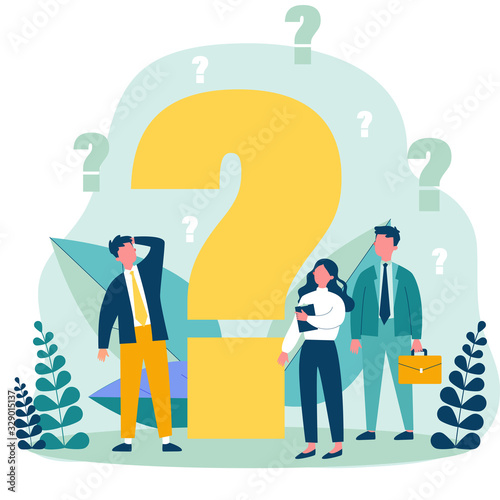 Confused businesspeople asking questions. Puzzled cartoon characters searching answers and problem solution near big question mark. Vector illustration thinking, help, assistance, trouble for concept
