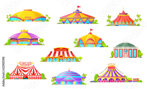 Big top tent circus isolated icons, cartoon building and carnival striped marquees with flags. Chapiteau circus, amusement fair park and funfair entrance, entertainment industry