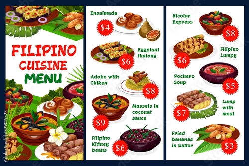 Filipino cuisine restaurant vector menu with meat dishes, vegetables and pastry desserts. Ensaimada, eggplant thalong, adobo with chicken, mussels in coconut sauce, filipino kidney beans, pochero soup photo