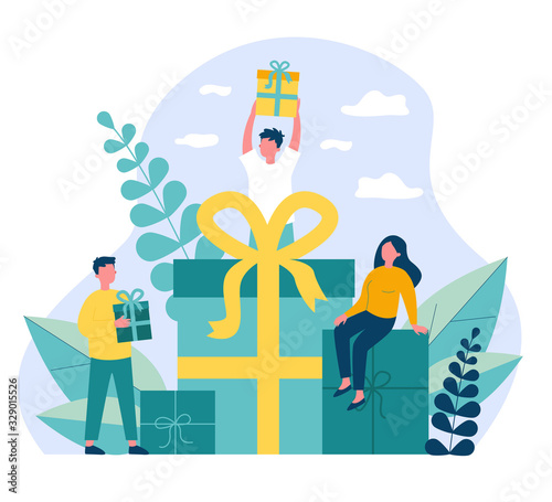 Loyal customers getting gifts and bonuses from store. Happy young people receiving gift boxes. Vector illustration for reward, loyalty program, promotion, marketing concept