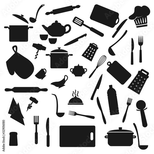 Kitchen utensil, kitchenware black silhouettes, household cooking appliances. Vector home cook utensils and cookware saucepan, ladle, cup, fork and knife, whisk, spoon and cutting board, turner