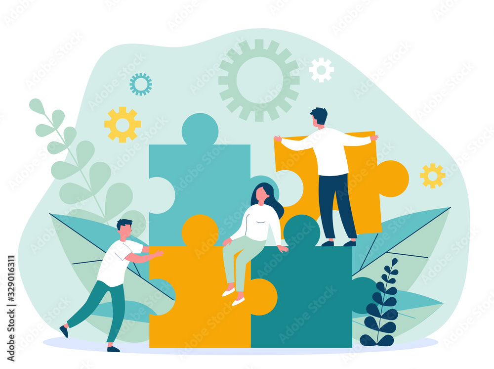 Business team constructing jigsaw solution. People connecting big pieces of puzzle. Vector illustration for community, merger, discovery, teamwork concept Business team constructing jigsaw solution. People connecting big pieces of puzzle. Vector illustration for community, merger, discovery, teamwork concept