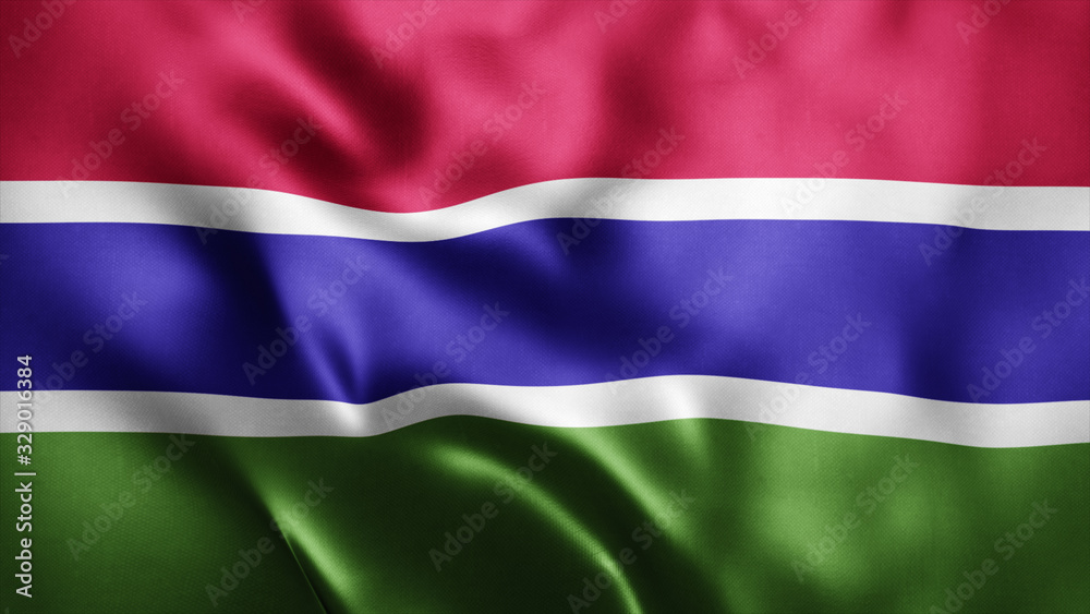 Fototapeta premium 3d Rendered Realistic fabric Shiny Silky waving flag of Gambia 8K Illustration Flag Background Gambia National Flag