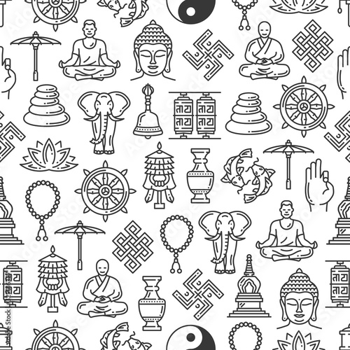 Buddhism seamless pattern, outline vector symbols on white background. Zen meditation and religious Buddha, monk and mudra, Yin Yang or Dharma wheel, temple drum, elephant and Buddhist beads, swastika