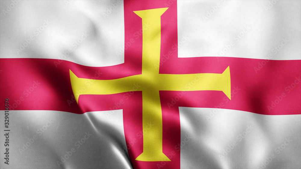 Fototapeta premium 3d Rendered Realistic fabric Shiny Silky waving flag of Guernsey 8K Illustration Flag Background Guernsey National Flag