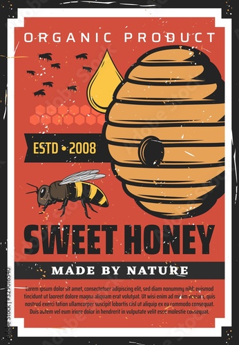 Apiary, beekeeping retro poster with wild bees flying at hive. Natural farm production made by nature, honey drop fall at beehive, vector organic apiculture, apiary product vintage grunge advertising