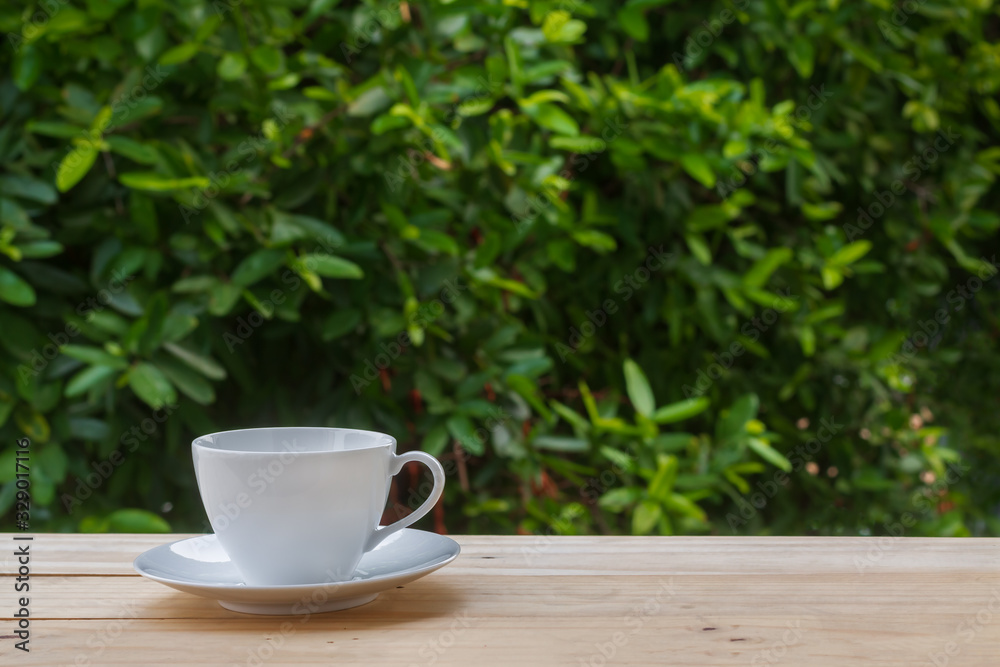 Image of clean empty white coffee cup or teacup and the plate put on old wooden table and blurry fresh green leaves tree in natural background with morning soft lighting and copy space. Image of clean empty white coffee cup or teacup and the plate put on old wooden table and blurry fresh green leaves tree in natural background with morning soft lighting and copy space.