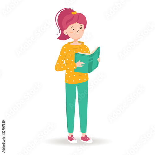 Girl is reading a book. Female character reads a book. The concept of training, education, literary festival