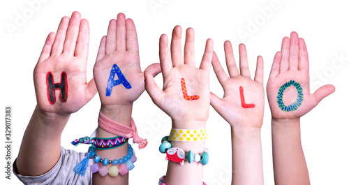 Tableau sur toile Children Hands Building Colorful German Word Hallo Means Hello