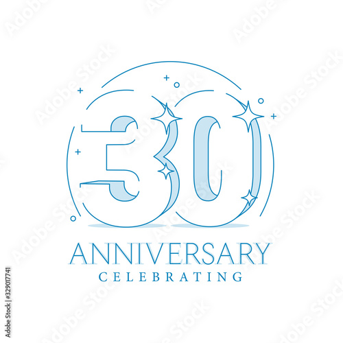 Anniversary 30. 3d number twenty with sparkles. In line art style. 30th anniversary poster template. Solemn figure for presentation. Vector illustration