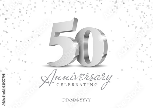 Anniversary 50. silver 3d numbers. Poster template for Celebrating 50th anniversary event party. Vector illustration