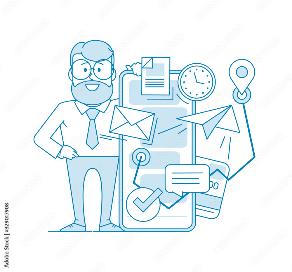 Concept Problem solving using a smartphone. World business man. Buy online and add-on. Set of icons on a mobile phone background. Vector illustration in line art style. Concept Problem solving using a smartphone. World business man. Buy online and add-on. Set of icons on a mobile phone background. Vector illustration in line art style.