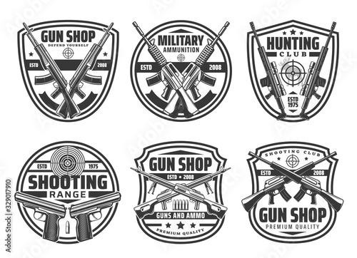 Shop gun heraldic icons set, rifles and handguns hunting ammo, vector store and hunt club equipment. Military ammunition, shotguns, revolvers, aims and targets, bullets. Self protection and defence