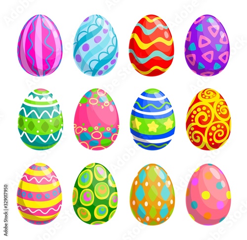 Easter holiday egg vector icons. Spring religion holiday or egghunting decoration isolated objects with painted pattern and ornament of colorful stripes, circles and stars