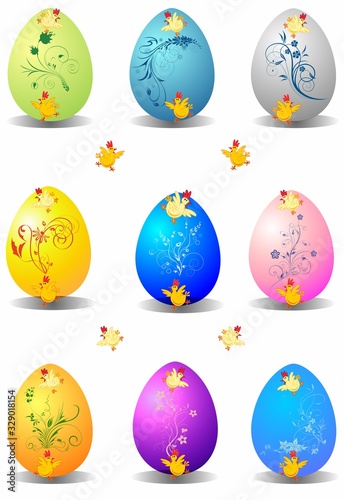  composition with Easter eggs, flowers and chickens for Easter,