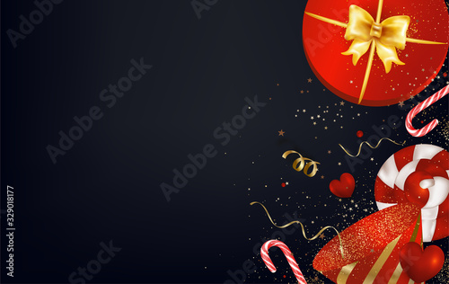 Happy birthday greeting card. Template with confetti, party hat, lollipops, sparkles.Top view. Concept for web banner, social networks, promotional sales. Vector background.