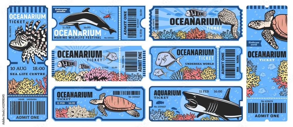 Stockvector Oceanarium park tickets, aquarium zoo with sea underwater ...
