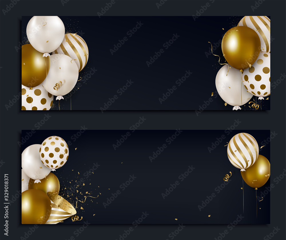 Set of holidays banner. Balloons background with confetti, sparkles.Concepts for social networks, promotional sales. Vector.