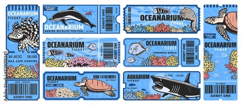 Oceanarium park tickets, aquarium zoo with sea underwater animals as a shark, angelfish, lionfish, dolphin and turtle, moray eel and prawn, corals. Vector admit tickets template with cut line photo