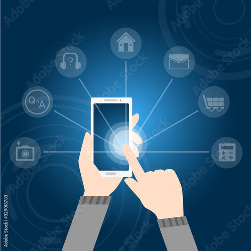 virtual technology background with touching smartphone and icons