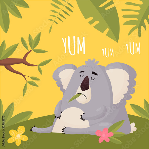 Well-fed animal ate her fill and fell asleep. Vector funny fat Koala sleeping after lunch