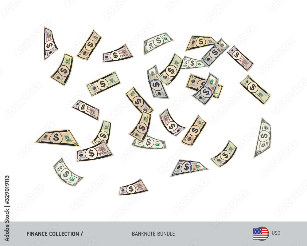 Flying dollar banknotes set. Isolated on background. Cash of different nominal value. Vector illustration on the topic of finance.