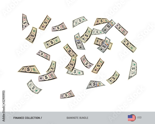 Flying dollar banknotes set. Isolated on background. Cash of different nominal value. Vector illustration on the topic of finance.