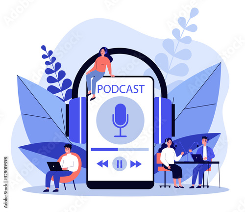 People listening speakers from broadcasting station flat vector illustration. Man and woman listening podcast online Anchorperson sitting and talking to microphone. Radio and technology concept