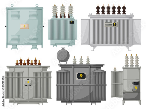 Transformer vector installation on white background . Isolated cartoon set icon energy substation. Vector cartoon set icon transformer. photo