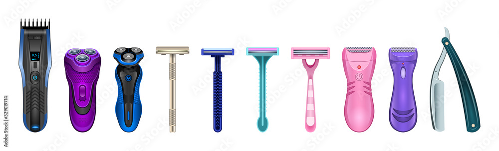Razor isolated realistic set icon. Vector illustration shaver on white background . Vector realistic set icon accessory for shave. Razor isolated realistic set icon. Vector illustration shaver on white background . Vector realistic set icon accessory for shave.