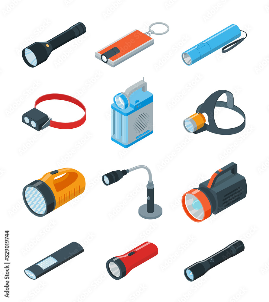 Flashlight vector illustration on white background . Isometric set icon spotlight. Vector cartoon set icon flashlight. Flashlight vector illustration on white background . Isometric set icon spotlight. Vector cartoon set icon flashlight.