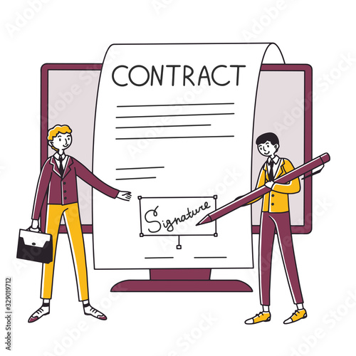 Business people signing online contract with electronic signature vector illustration. Managers signing digital official paper. People reaching formal agreement.