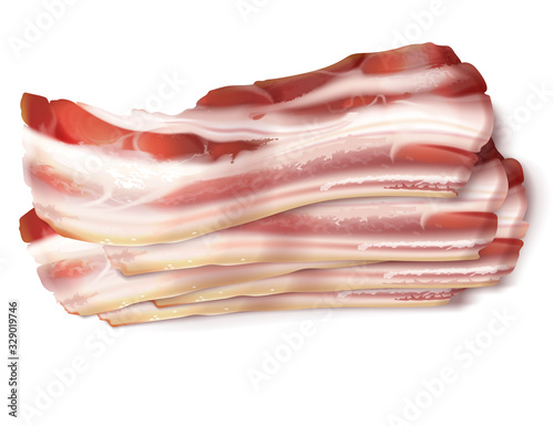 Vector realistic illustration of thin bacon strips, rashers, fresh, raw or smoked isolated on background. Fatty slices of pork meat, brisket or ham, tasty snack, delicious food for breakfast