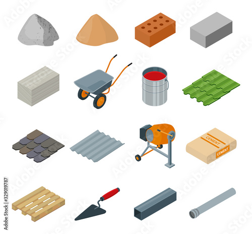 Construction material isometric set icon. Vector illustration building material on white background . Isolated cartoon set icon construction equipment .