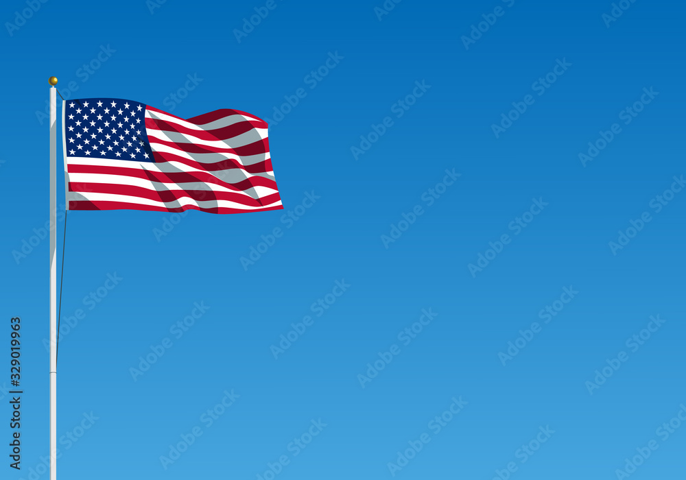 The USA flag waving on the wind. American flag hanging on the flagpole against the clear blue sky. Realistic vector illustration