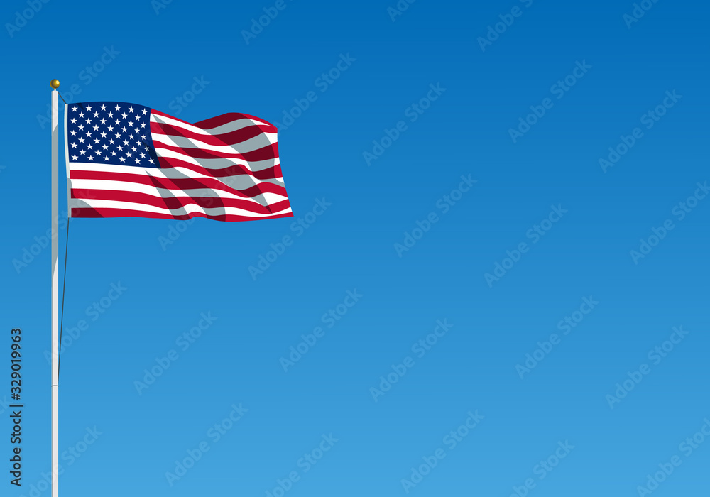 Obraz premium The USA flag waving on the wind. American flag hanging on the flagpole against the clear blue sky. Realistic vector illustration
