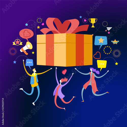 People receive a gift box. Web baner for landing page. Refer a friend. Online reward concept. Digital referral program. Template, homepage, poster, ui, coupon, flyer. 3d isometric vector.  Web baner